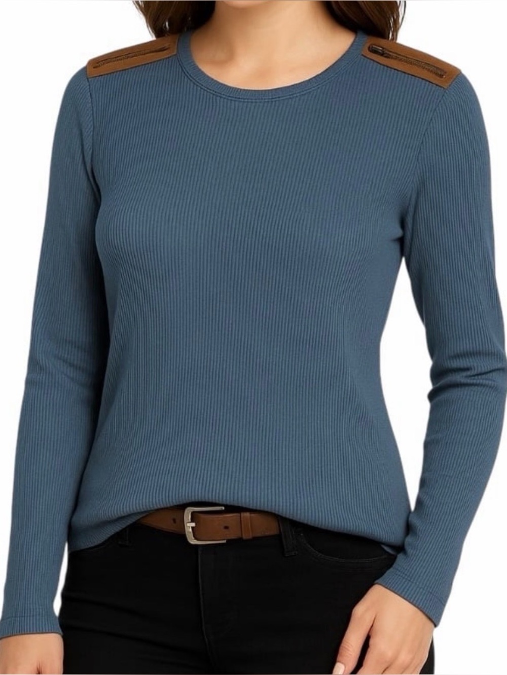 Lauren Ralph Lauren Ribbed Long-Sleeve Top in Navy Blue with Brown Accents